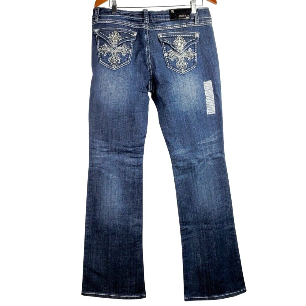 Grace in LA Women Bootcut Jeans Mid Rise Bold Cross Stretch Med Blue 30/34 NWT - Picture 2 of 10